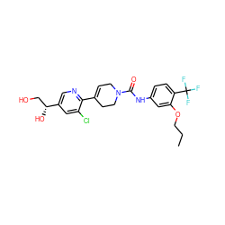 CCCOc1cc(NC(=O)N2CC=C(c3ncc([C@H](O)CO)cc3Cl)CC2)ccc1C(F)(F)F ZINC000141055834