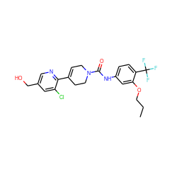 CCCOc1cc(NC(=O)N2CC=C(c3ncc(CO)cc3Cl)CC2)ccc1C(F)(F)F ZINC000141093656