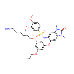 CCCOc1cc(OCCCCCCN)cc(Oc2cc3c(cc2NS(=O)(=O)c2ccc(OC)c(OC)c2)n(C)c(=O)n3C)c1 ZINC000653727967