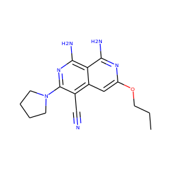 CCCOc1cc2c(C#N)c(N3CCCC3)nc(N)c2c(N)n1 ZINC000015974472