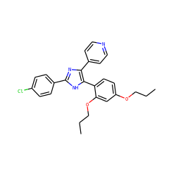 CCCOc1ccc(-c2[nH]c(-c3ccc(Cl)cc3)nc2-c2ccncc2)c(OCCC)c1 ZINC000026572927