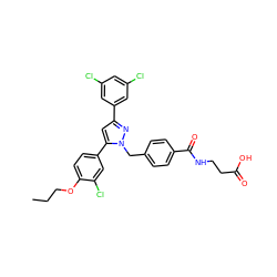 CCCOc1ccc(-c2cc(-c3cc(Cl)cc(Cl)c3)nn2Cc2ccc(C(=O)NCCC(=O)O)cc2)cc1Cl ZINC000095087837