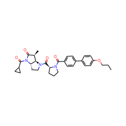 CCCOc1ccc(-c2ccc(C(=O)N3CCC[C@H]3C(=O)N3CC[C@H]4[C@H]3[C@H](C)C(=O)N4C(=O)C3CC3)cc2)cc1 ZINC000027519424