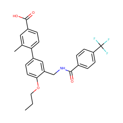 CCCOc1ccc(-c2ccc(C(=O)O)cc2C)cc1CNC(=O)c1ccc(C(F)(F)F)cc1 ZINC000096915115