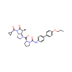 CCCOc1ccc(-c2ccc(NC(=O)N3CCC[C@H]3C(=O)N3CC[C@H]4[C@H]3[C@H](C)C(=O)N4C(=O)C3CC3)cc2)cc1 ZINC000027517559