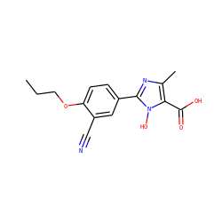 CCCOc1ccc(-c2nc(C)c(C(=O)O)n2O)cc1C#N ZINC000205076218