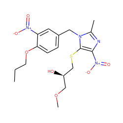 CCCOc1ccc(Cn2c(C)nc([N+](=O)[O-])c2SC[C@H](O)COC)cc1[N+](=O)[O-] ZINC000006162521