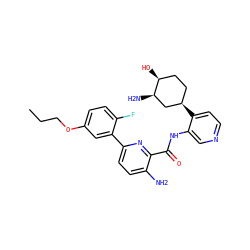 CCCOc1ccc(F)c(-c2ccc(N)c(C(=O)Nc3cnccc3[C@@H]3CC[C@H](O)[C@H](N)C3)n2)c1 ZINC000168381193