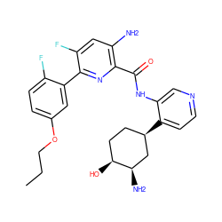 CCCOc1ccc(F)c(-c2nc(C(=O)Nc3cnccc3[C@@H]3CC[C@H](O)[C@H](N)C3)c(N)cc2F)c1 ZINC000139790122