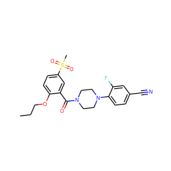 CCCOc1ccc(S(C)(=O)=O)cc1C(=O)N1CCN(c2ccc(C#N)cc2F)CC1 ZINC000053298349