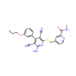 CCCOc1cccc(-c2c(C#N)c(N)nc(SCc3ccnc(C(=O)NC)c3)c2C#N)c1 ZINC000145773795