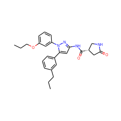 CCCOc1cccc(-n2nc(NC(=O)[C@@H]3CNC(=O)C3)cc2-c2cccc(CCC)c2)c1 ZINC000169707302