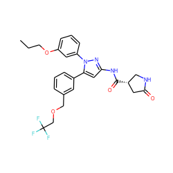 CCCOc1cccc(-n2nc(NC(=O)[C@@H]3CNC(=O)C3)cc2-c2cccc(COCC(F)(F)F)c2)c1 ZINC000169707356