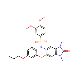 CCCOc1cccc(Oc2cc3c(cc2NS(=O)(=O)c2ccc(OC)c(OC)c2)n(C)c(=O)n3C)c1 ZINC000653726430