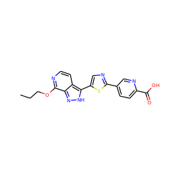 CCCOc1nccc2c(-c3cnc(-c4ccc(C(=O)O)nc4)s3)[nH]nc12 ZINC000653787384