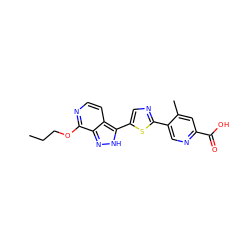 CCCOc1nccc2c(-c3cnc(-c4cnc(C(=O)O)cc4C)s3)[nH]nc12 ZINC000653787458