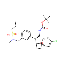 CCCS(=O)(=O)N(C)Cc1cccc([C@@H](CNC(=O)OC(C)(C)C)C2(c3ccc(Cl)cc3)CCC2)c1 ZINC000166692504