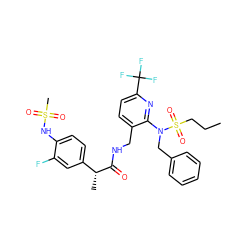 CCCS(=O)(=O)N(Cc1ccccc1)c1nc(C(F)(F)F)ccc1CNC(=O)[C@H](C)c1ccc(NS(C)(=O)=O)c(F)c1 ZINC000653716327