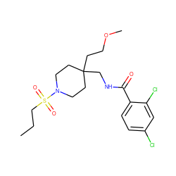 CCCS(=O)(=O)N1CCC(CCOC)(CNC(=O)c2ccc(Cl)cc2Cl)CC1 ZINC000040391433