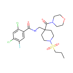 CCCS(=O)(=O)N1CCC(CNC(=O)c2cc(F)c(Cl)cc2Cl)(C(=O)N2CCOCC2)CC1 ZINC000036143449