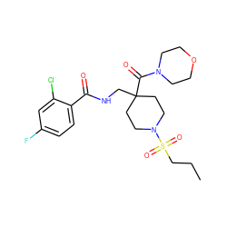 CCCS(=O)(=O)N1CCC(CNC(=O)c2ccc(F)cc2Cl)(C(=O)N2CCOCC2)CC1 ZINC000036143416