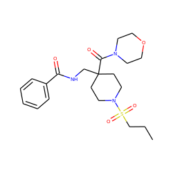 CCCS(=O)(=O)N1CCC(CNC(=O)c2ccccc2)(C(=O)N2CCOCC2)CC1 ZINC000036143410