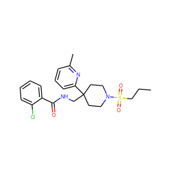 CCCS(=O)(=O)N1CCC(CNC(=O)c2ccccc2Cl)(c2cccc(C)n2)CC1 ZINC000040393314