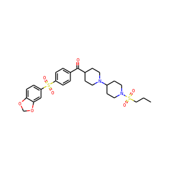 CCCS(=O)(=O)N1CCC(N2CCC(C(=O)c3ccc(S(=O)(=O)c4ccc5c(c4)OCO5)cc3)CC2)CC1 ZINC000026652519