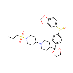 CCCS(=O)(=O)N1CCC(N2CCC(C3(c4ccc([S@@+]([O-])c5ccc6c(c5)OCO6)cc4)OCCO3)CC2)CC1 ZINC000026657532