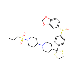 CCCS(=O)(=O)N1CCC(N2CCC(C3(c4ccc([S@@+]([O-])c5ccc6c(c5)OCO6)cc4)SCCS3)CC2)CC1 ZINC000026649285