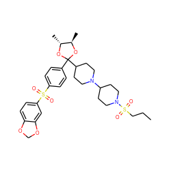 CCCS(=O)(=O)N1CCC(N2CCC(C3(c4ccc(S(=O)(=O)c5ccc6c(c5)OCO6)cc4)O[C@H](C)[C@@H](C)O3)CC2)CC1 ZINC000026649088