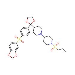 CCCS(=O)(=O)N1CCC(N2CCC(C3(c4ccc(S(=O)(=O)c5ccc6c(c5)OCO6)cc4)OCCO3)CC2)CC1 ZINC000003979278