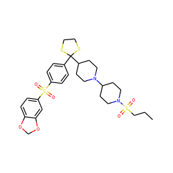 CCCS(=O)(=O)N1CCC(N2CCC(C3(c4ccc(S(=O)(=O)c5ccc6c(c5)OCO6)cc4)SCCS3)CC2)CC1 ZINC000026649295