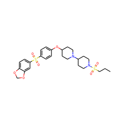 CCCS(=O)(=O)N1CCC(N2CCC(Oc3ccc(S(=O)(=O)c4ccc5c(c4)OCO5)cc3)CC2)CC1 ZINC000003985867