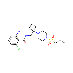 CCCS(=O)(=O)N1CCN(C2(CNC(=O)c3c(N)cccc3Cl)CCC2)CC1 ZINC000095583047