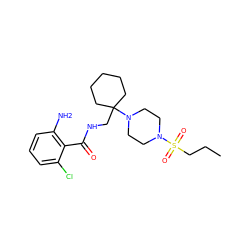 CCCS(=O)(=O)N1CCN(C2(CNC(=O)c3c(N)cccc3Cl)CCCCC2)CC1 ZINC000095582382