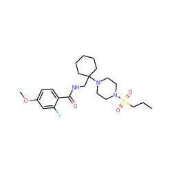 CCCS(=O)(=O)N1CCN(C2(CNC(=O)c3ccc(OC)cc3F)CCCCC2)CC1 ZINC000095583769