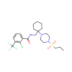 CCCS(=O)(=O)N1CCN(C2(CNC(=O)c3cccc(C(F)(F)F)c3Cl)CCCCC2)CC1 ZINC000095585834