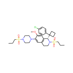 CCCS(=O)(=O)N1CCN(c2cc3c(cc2OC)[C@H](C2(c4ccc(Cl)cc4)CCC2)N(S(=O)(=O)CCC)CC3)CC1 ZINC000114978585