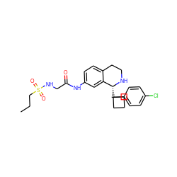 CCCS(=O)(=O)NCC(=O)Nc1ccc2c(c1)[C@@H](C1(c3ccc(Cl)cc3)CCC1)NCC2 ZINC000169710788