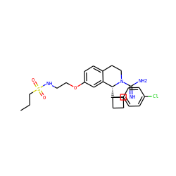 CCCS(=O)(=O)NCCOc1ccc2c(c1)[C@@H](C1(c3ccc(Cl)cc3)CCC1)N(C(=N)N)CC2 ZINC000117337905