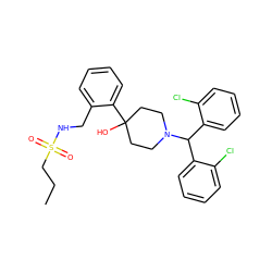 CCCS(=O)(=O)NCc1ccccc1C1(O)CCN(C(c2ccccc2Cl)c2ccccc2Cl)CC1 ZINC000096318637