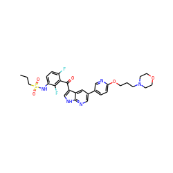 CCCS(=O)(=O)Nc1ccc(F)c(C(=O)c2c[nH]c3ncc(-c4ccc(OCCCN5CCOCC5)nc4)cc23)c1F ZINC000113507319