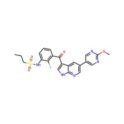 CCCS(=O)(=O)Nc1cccc(C(=O)c2c[nH]c3ncc(-c4cnc(OC)nc4)cc23)c1F ZINC000113516637
