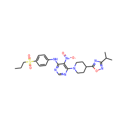 CCCS(=O)(=O)c1ccc(Nc2ncnc(N3CCC(c4nc(C(C)C)no4)CC3)c2[N+](=O)[O-])cc1 ZINC000040866505