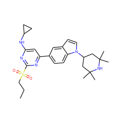 CCCS(=O)(=O)c1nc(NC2CC2)cc(-c2ccc3c(ccn3C3CC(C)(C)NC(C)(C)C3)c2)n1 ZINC000575598584