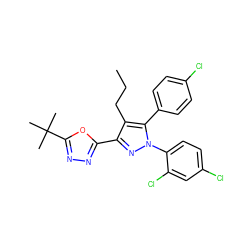 CCCc1c(-c2nnc(C(C)(C)C)o2)nn(-c2ccc(Cl)cc2Cl)c1-c1ccc(Cl)cc1 ZINC000042887517