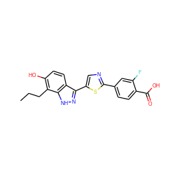 CCCc1c(O)ccc2c(-c3cnc(-c4ccc(C(=O)O)c(F)c4)s3)n[nH]c12 ZINC000653795374