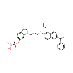 CCCc1c(OCCCn2ccc3ccc(OC(C)(C)C(=O)O)cc32)ccc2cc(C(=O)c3ccccc3)ccc12 ZINC000036757871