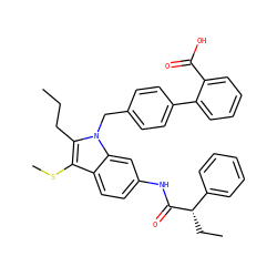 CCCc1c(SC)c2ccc(NC(=O)[C@@H](CC)c3ccccc3)cc2n1Cc1ccc(-c2ccccc2C(=O)O)cc1 ZINC000049745988